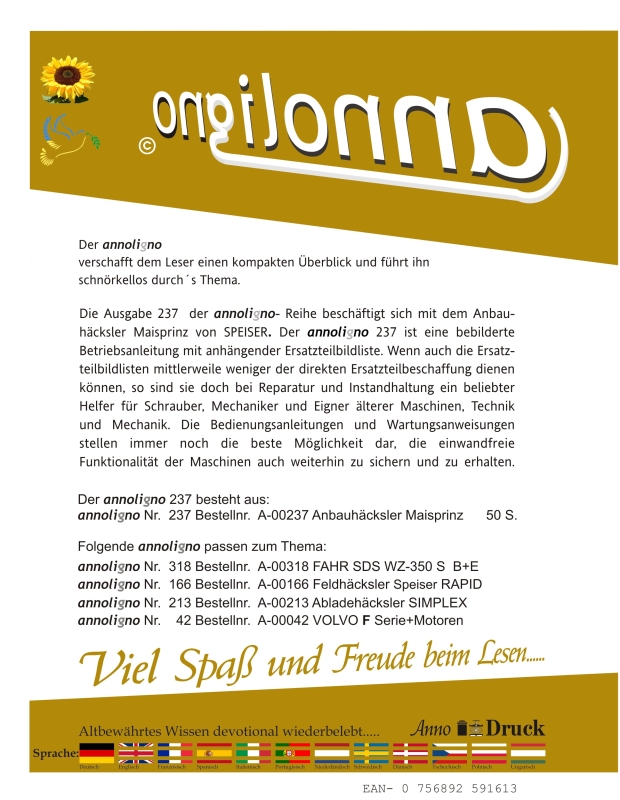 SPEISER Häcksler Anbauhäcksler Typ Maisprinz Bild- Betriebsanleitung & Bild- Ersatzteilliste  - annoligno 237